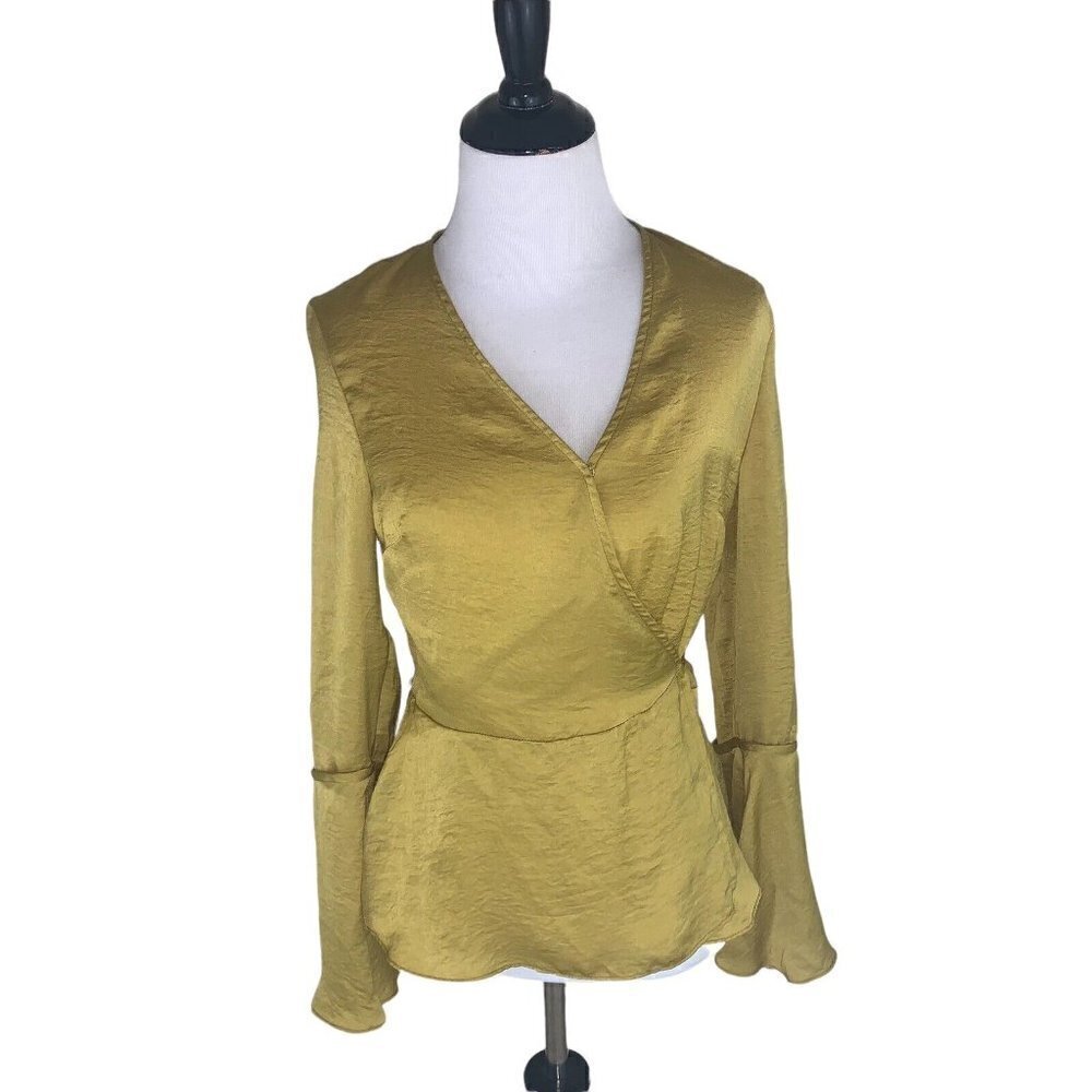 Topshop Women's Size 2 Wrap Blouse Silk Look Flutter Sleeves Olive Green